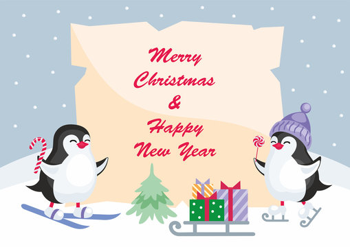 Christmas greeting card with the image of cute penguins. Children's vector background.