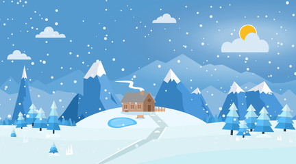 Fototapeta na wymiar Vector illustration of winter landscape with house, pines and snowflakes