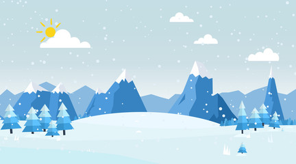 Fototapeta na wymiar Vector illustration of winter landscape with pines and falling snowflakes