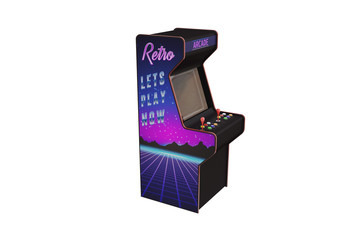 Retro arcade game machine, decorated in the style of the eighties and isolated on white background.