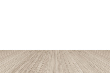 Wood floor perspective view with wooden texture in light sepia brown color isolated on white wall...