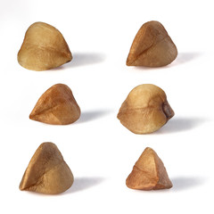 Closeup of buckwheat grains on white background