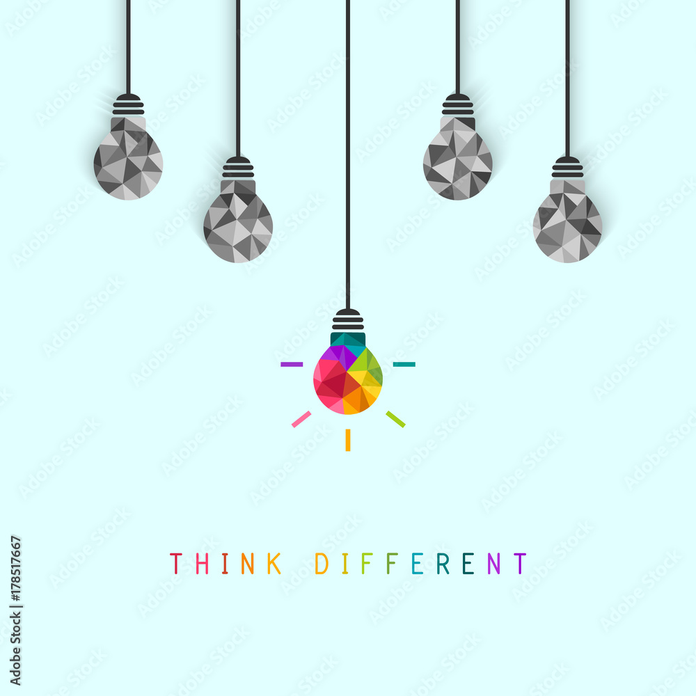 Aufkleber think different concept with creative and colorful lightbulb being more unique than the surrounding 