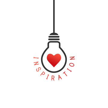 Inspiration concept with hanging lightbulb and heart shape inside