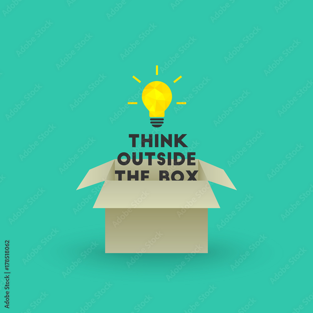 Poster think outside the box concept with bright lightbulb and text emerging out of cardboard box