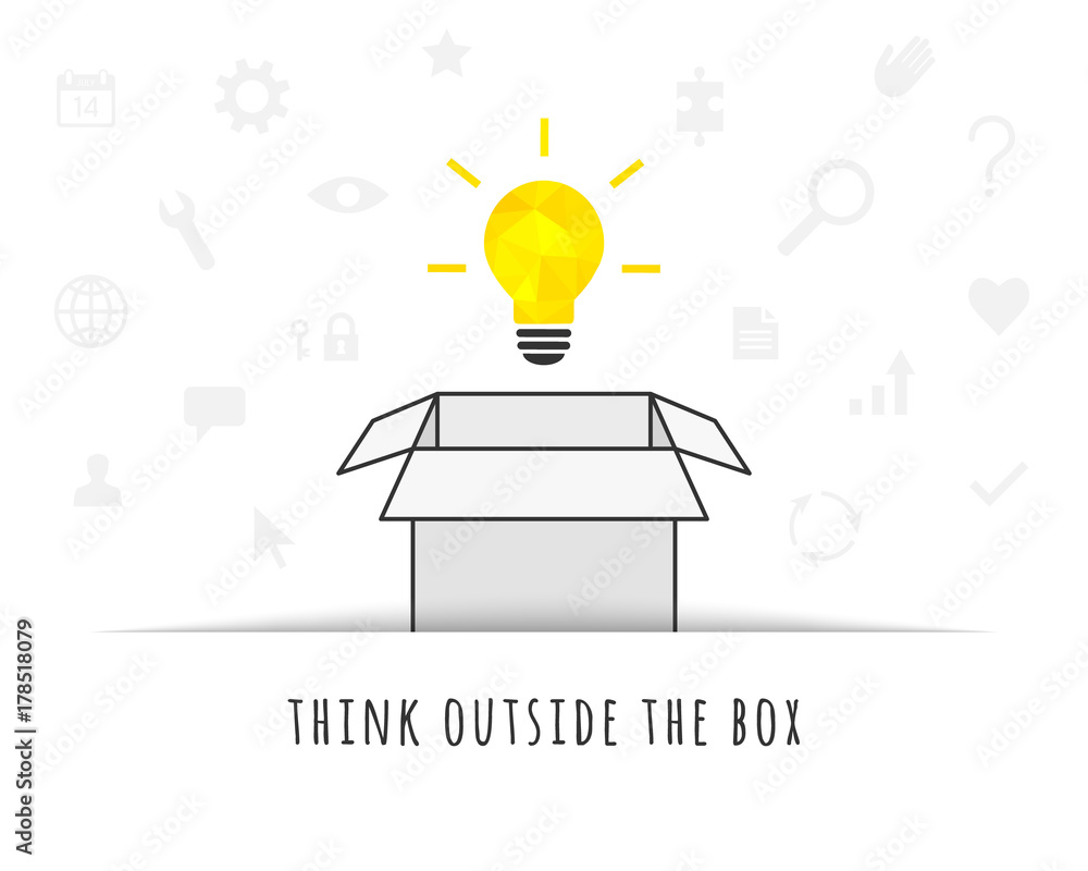 Poster think outside the box concept with light bulb and related icons in the background