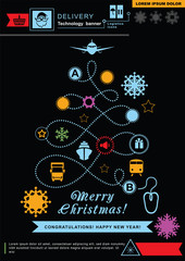  Pathway in the shape of christmas tree. Bright neon christmas logistics icons on the black background. Technology background. Icon of Santa Claus. 