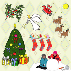 Fototapeta premium Christmas set with a fir tree, Santa, angel and children molding a snowman