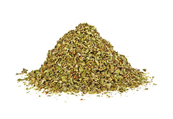 Pile of dried marjoram leaves on a white background