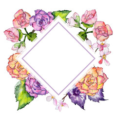 Wildflower begonia flower frame in a watercolor style. Full name of the plant: begonia. Aquarelle wild flower for background, texture, wrapper pattern, frame or border.