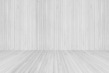 Wood floor perspective view on wooden texture wall in light white grey color background for sauna room interior design decoration backdrop