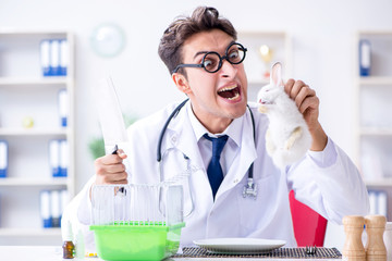 Mad crazy doctor preparing to eat rabbit