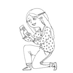 Smiling white girl with long hair makes a photo. Vector illustration for coloring book.