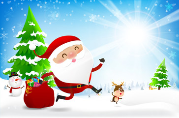 Happy santa claus cartoon snowman and reindeer with copy space and winter snow flake falling into snow floor  and lighting over blue abstract background
