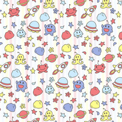 Doodles cartoon space aliens background for kids, Cute cartoon space aliens pattern for printing and decoration.