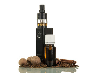 Obraz na płótnie Canvas Electronic cigarette, liquid for smoking, fragrant spices isolated on white