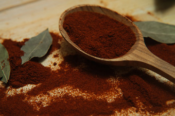 Herbs and spices on a wooden board