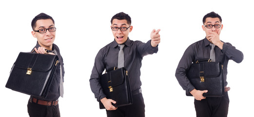 Young man holding briefcase isolated on white