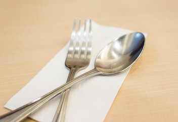 side view of Spoon and Fork Tied on white tychy.