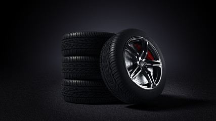 3D illustration of car rim and tyre standing on asphalt - 178524223