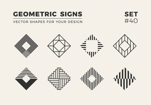 Set of eight minimalistic trendy shapes. Stylish vector logo emblems for Your design. Simple creative geometric signs collection.