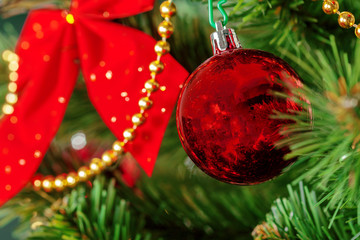 Christmas tree with ornaments, close-up