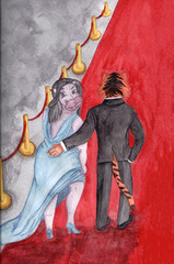 Hippopotamus on the red carpet. Raster illustration, watercolor.