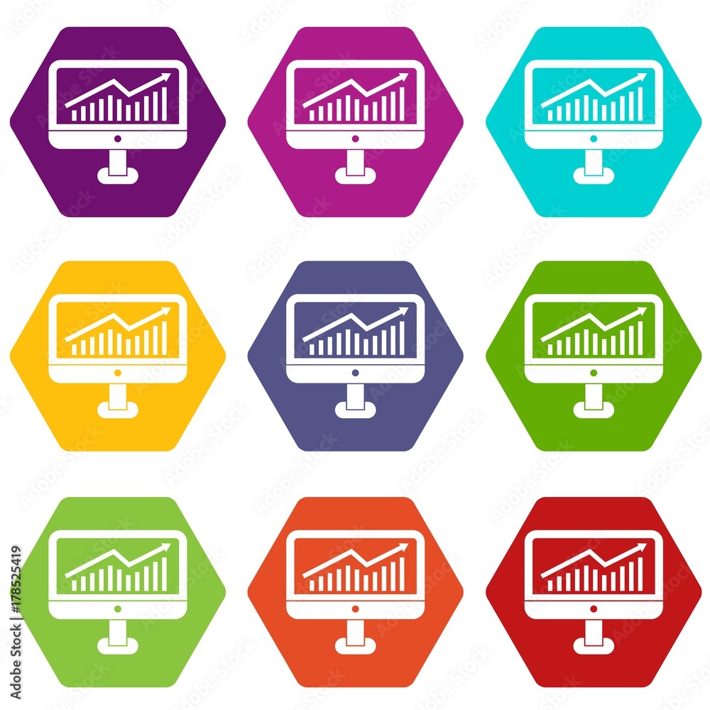 Poster growth graph on the computer monitor icon set color hexahedron