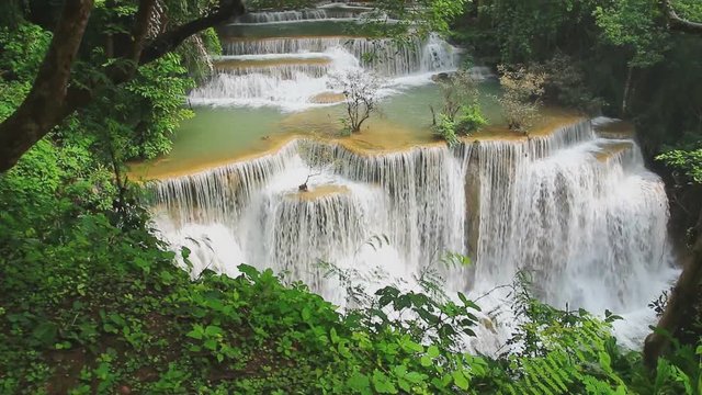 Beautiful Huai Mae Khamin waterfall in the rainy season with green forest ,  Kanchanaburi Province, Thailand,Worm eye view