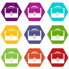 Briefcase icon set color hexahedron