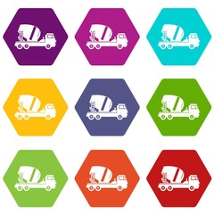 Concrete mixer truck icon set color hexahedron