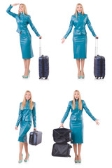 Fototapeta premium Woman preparing for vacation with suitcase on white