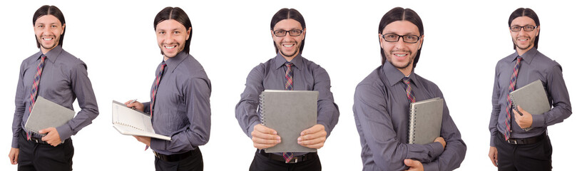 Young businessman with paper isolated on white