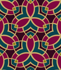 Seamless pattern morrocan ornament. Floral textile print. Islamic vector design. Oriental background with abstract flowers. Hexagonal swatch. Stained glass vitrage.