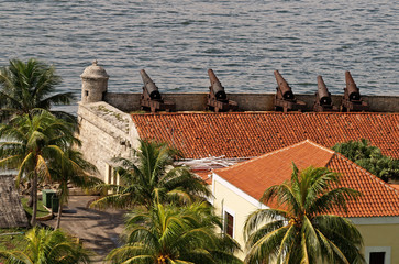 Cannons pointing out to sea from El Morro fortress protecting the harbour entrance of Havana, Cuba