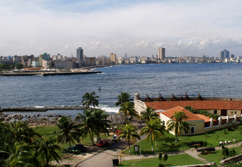 Cannons pointing out to sea from El Morro fortress protecting the harbour entrance of Havana, Cuba