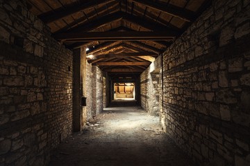 Creepy attic interior at abandoned building