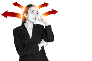 bsmart business asian woman in suit pose in action of thinking  isolate with whute background