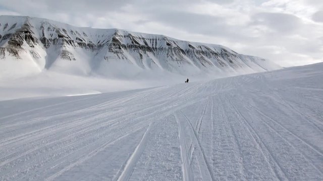 Man riding dog sled team husky Eskimo white snowy road of North Pole in Arctic. Way from airport Longyear to Pyramid on Spitsbergen on background of glacier mountains of Svalbard in Norway.