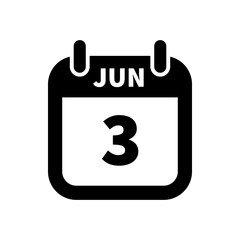 Simple black calendar icon with 3 june date isolated on white