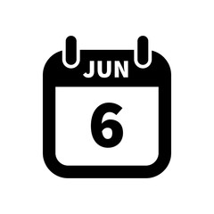 Simple black calendar icon with 6 june date isolated on white