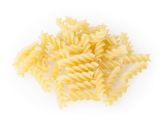 Uncooked fusilli pasta isolated on white background