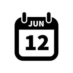 Simple black calendar icon with 12 june date isolated on white