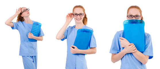 Pretty doctor  in blue uniform with documents  isolated on white