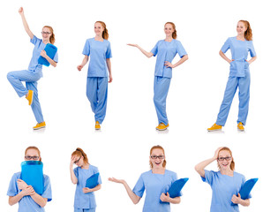 Pretty dancing  doctor  in blue uniform with documents  isolated