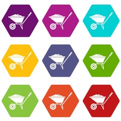 Wheelbarrow icon set color hexahedron