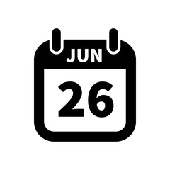 Simple black calendar icon with 26 june date isolated on white