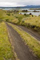 Lake Myvatn, Typical Icelandic landscape, a wild nature of rocks and shrubs, rivers and lakes.