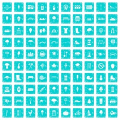 100 park icons set grunge blue