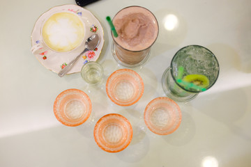 Top view of hot and ice coffee